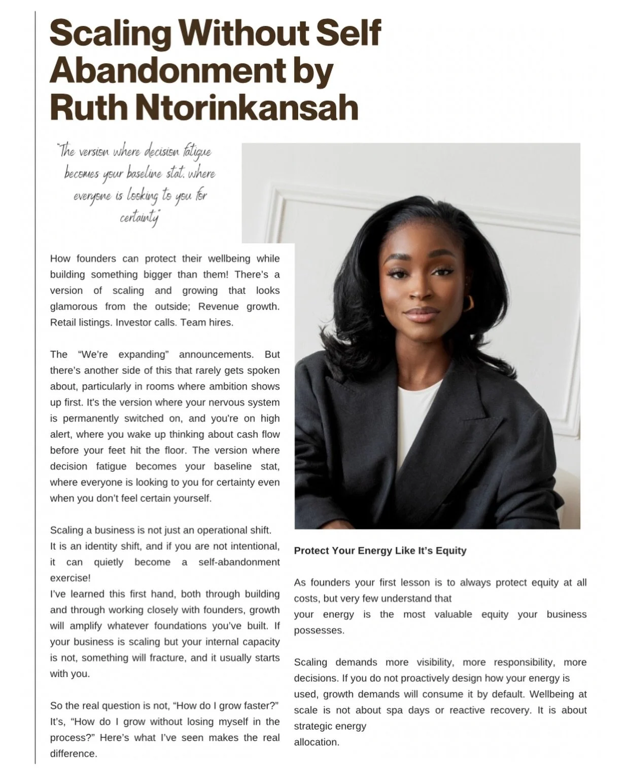 @ruth.ntorinkansah delves into why scalling isn&rsquo;t just growth, it&rsquo;s capacity. Protect your energy like it&rsquo;s equity or the business will cost you more than it gives.

Click the link in the bio to read the full article

#Forty60 #Foun