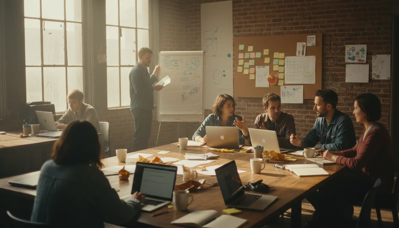 A group of people in a business meeting around a large table with laptops, notebooks, coffee mugs, and snacks, while a man stands at a whiteboard in a sunlit room with exposed brick walls.