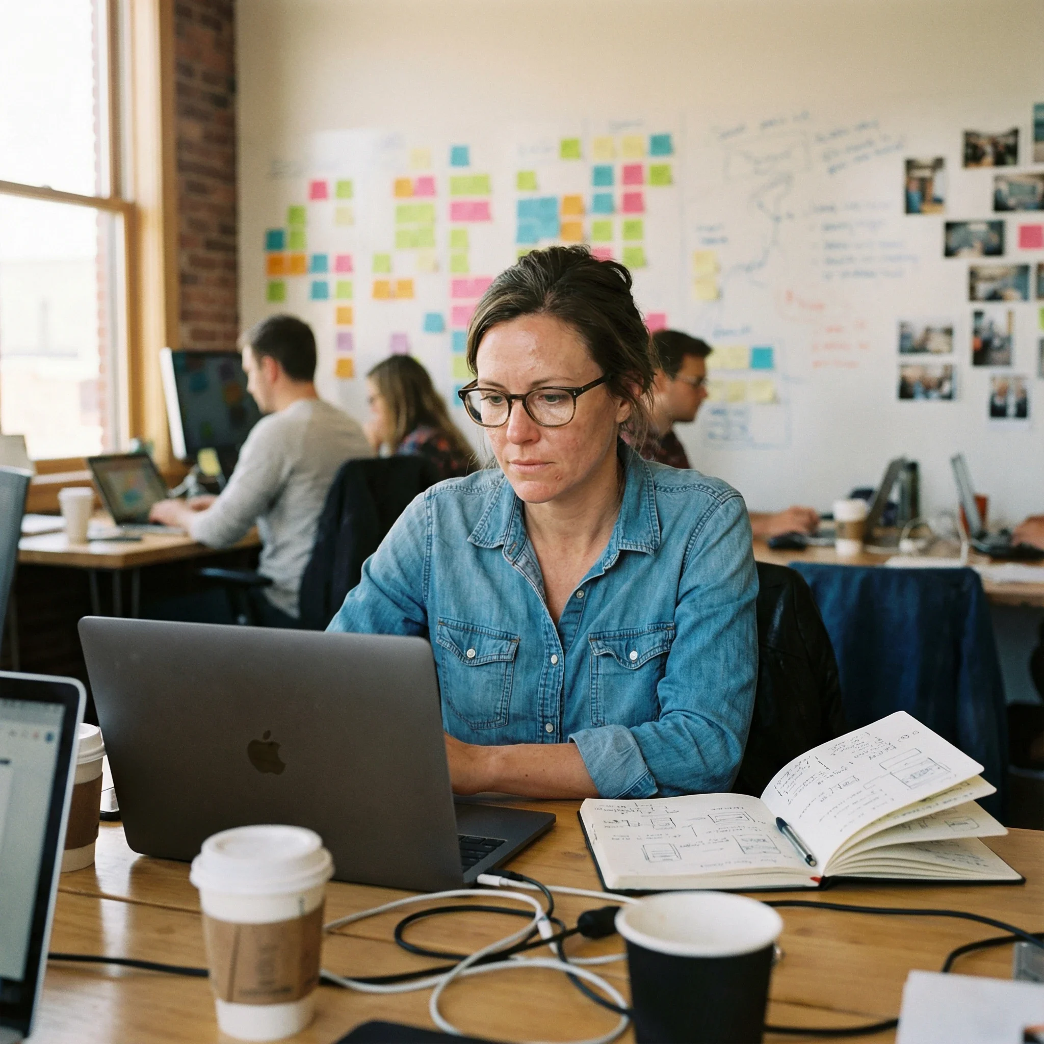 Woman with glasses in an office working on a laptop surrounded by coffee cups, notebooks, and monitors, with colleagues working at desks and a wall covered with sticky notes and photos in the background.