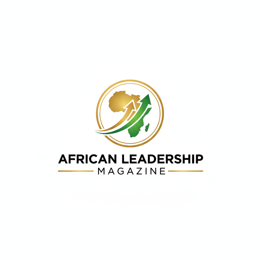 Logo for African Leadership Magazine featuring a map of Africa with upward arrows in green and gold.