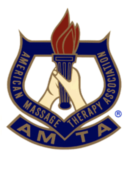 Logo of the American Massage Therapy Association featuring a torch held by two hands, with a blue and gold color scheme.