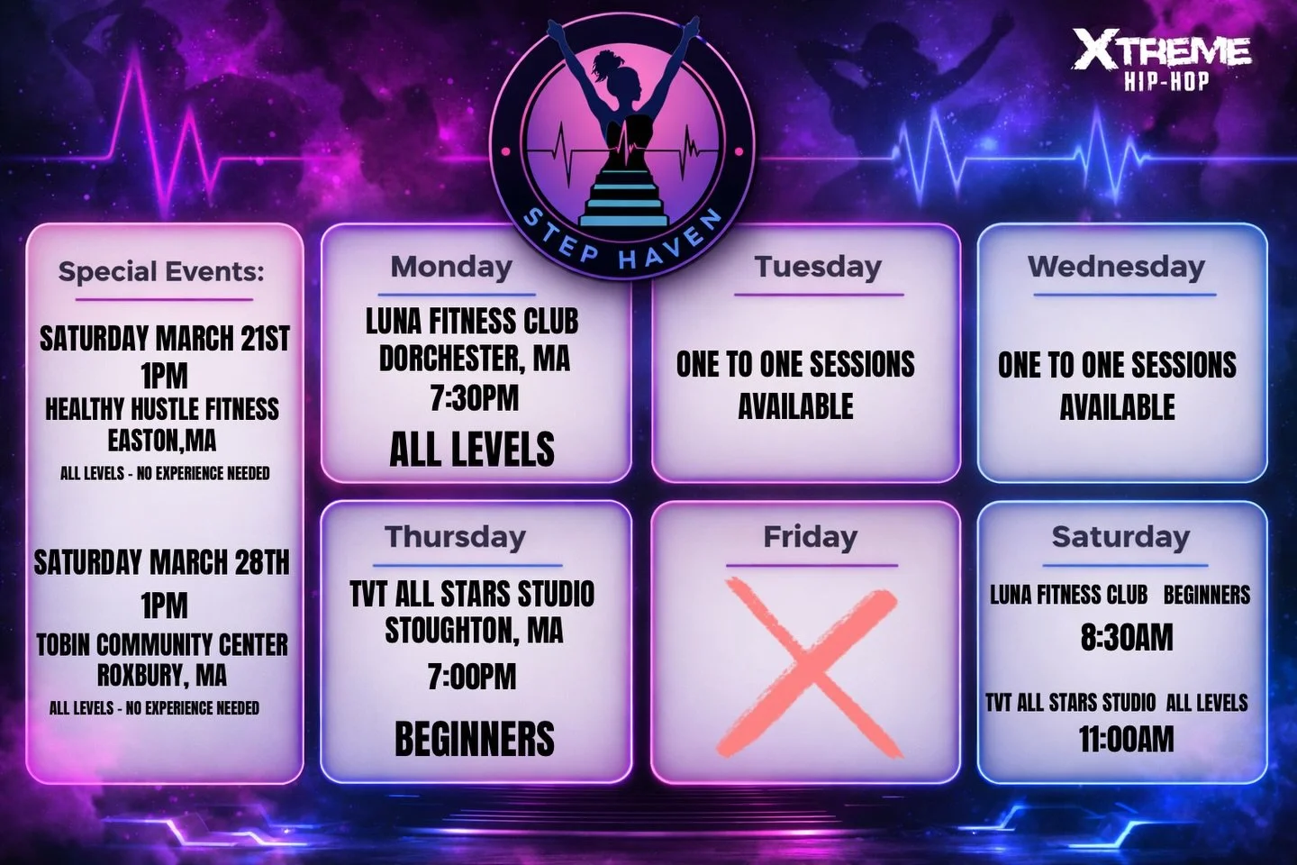 Step Haven Weekly Schedule is here! Lock in your classes and come step with us.

We&rsquo;ve got something for everybody this week&mdash;from beginner-friendly sessions to all levels classes. Whether you&rsquo;re just starting out or already in your 