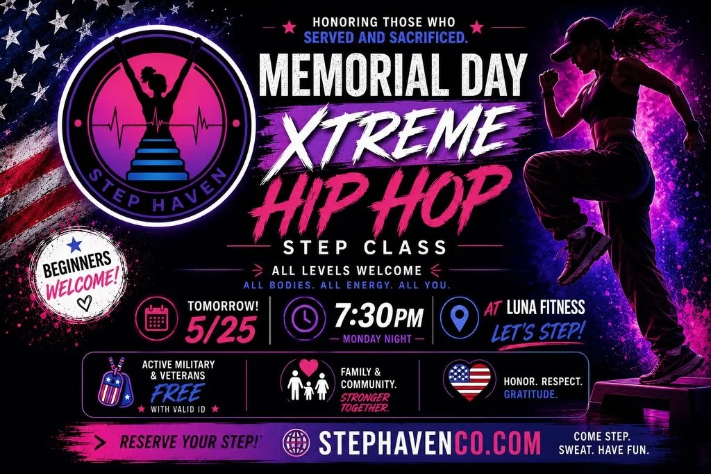 Join us tomorrow for a high-energy Xtreme Hip Hop Step class. Whether it&rsquo;s your first class or you&rsquo;re a regular on the step, all levels are welcome!!

Monday, May 25
7:30 PM
Luna Fitness
Active Military &amp; Veterans FREE with valid ID

