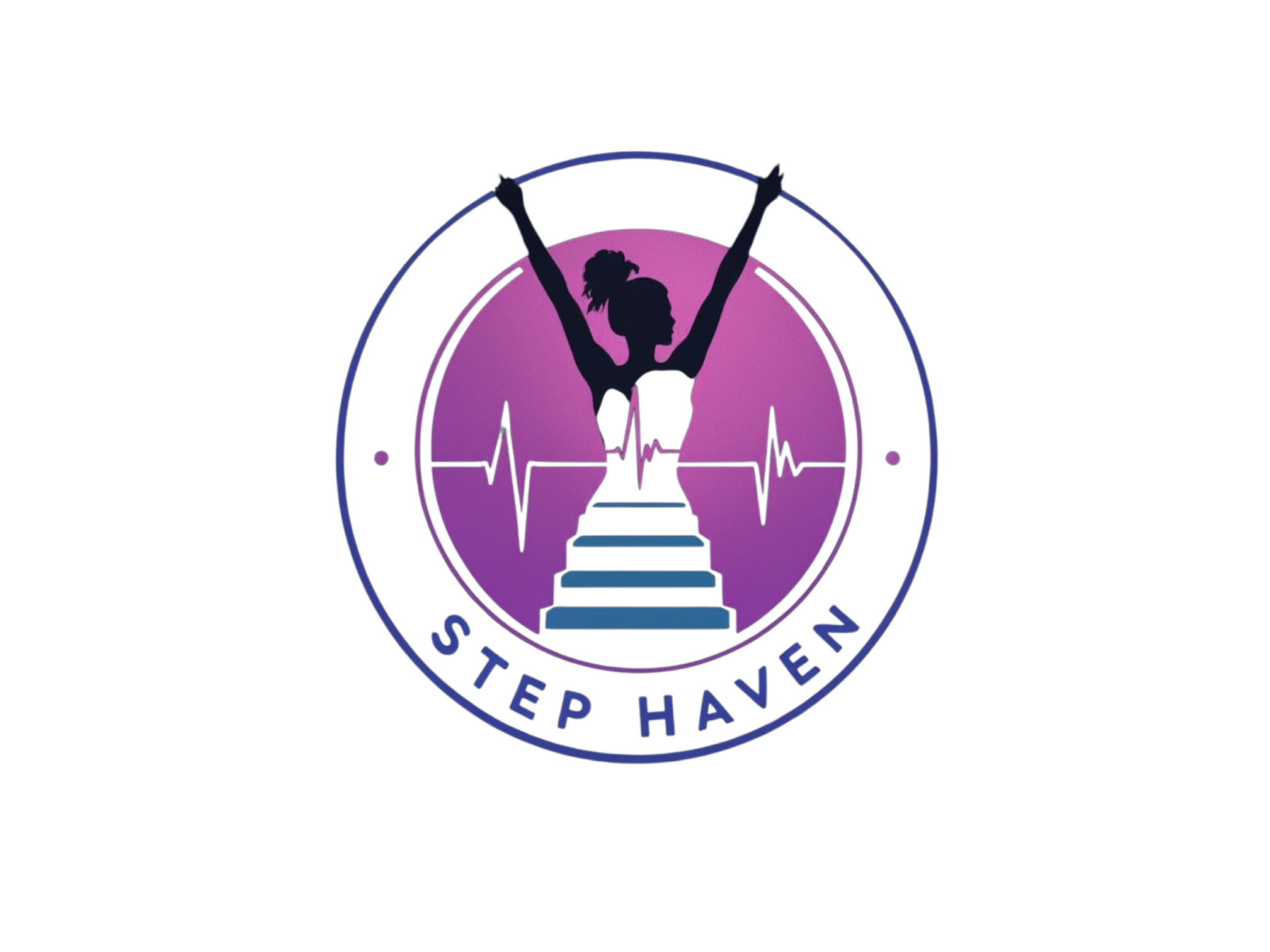 A logo featuring a silhouette of a woman with her arms raised, standing on stairs inside a circle. The circle has a heartbeat line and the words 'STEP HAVEN' at the bottom.