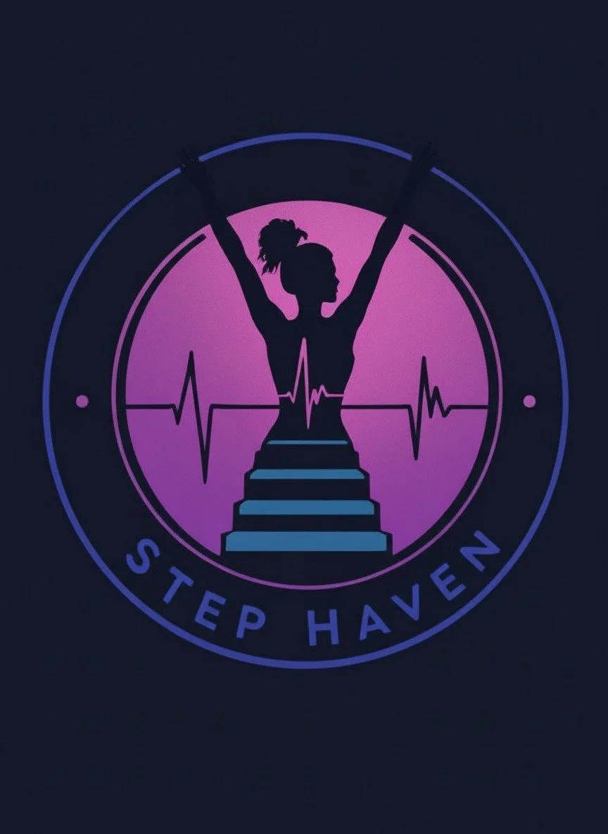 A neon logo with a silhouette of a woman stretching on stairs, surrounded by a circular heart rate line and the text "STEP HAVEN" at the bottom.