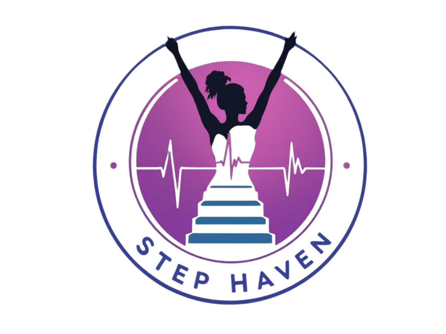 A logo featuring a silhouette of a woman with her arms raised, standing on a staircase. The background includes a purple circular design with heartbeat lines. The text 'STEP HAVEN' appears at the bottom of the circle.