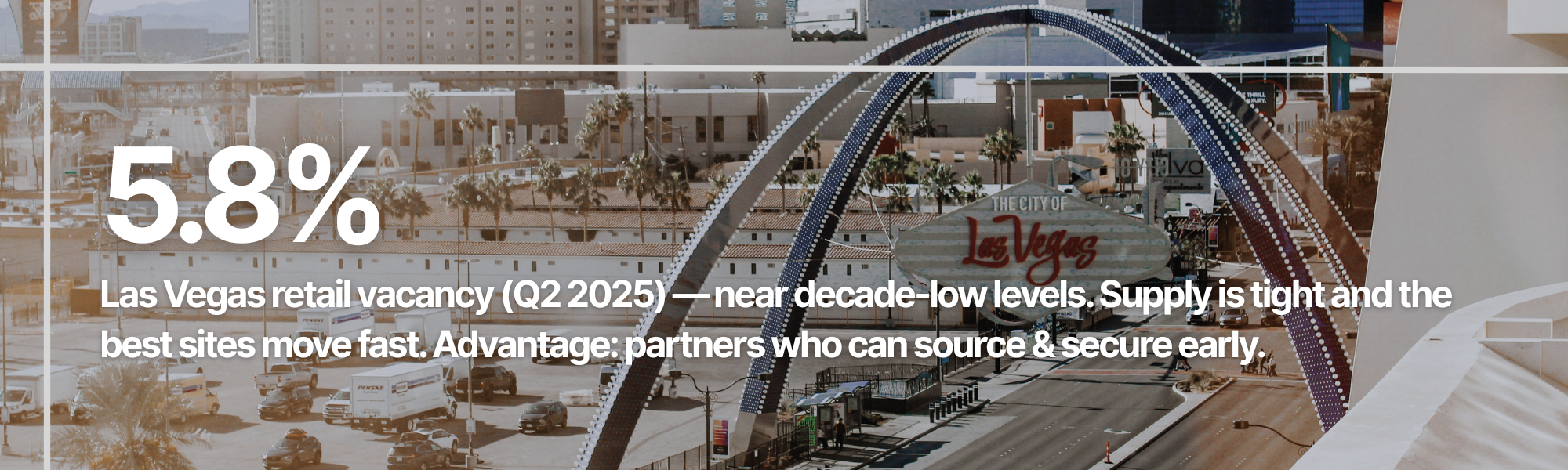Image of Las Vegas Fremont Street Experience with a large sign reading 'Las Vegas' in front of a cityscape with palm trees, tall buildings, and a ferris wheel structure.