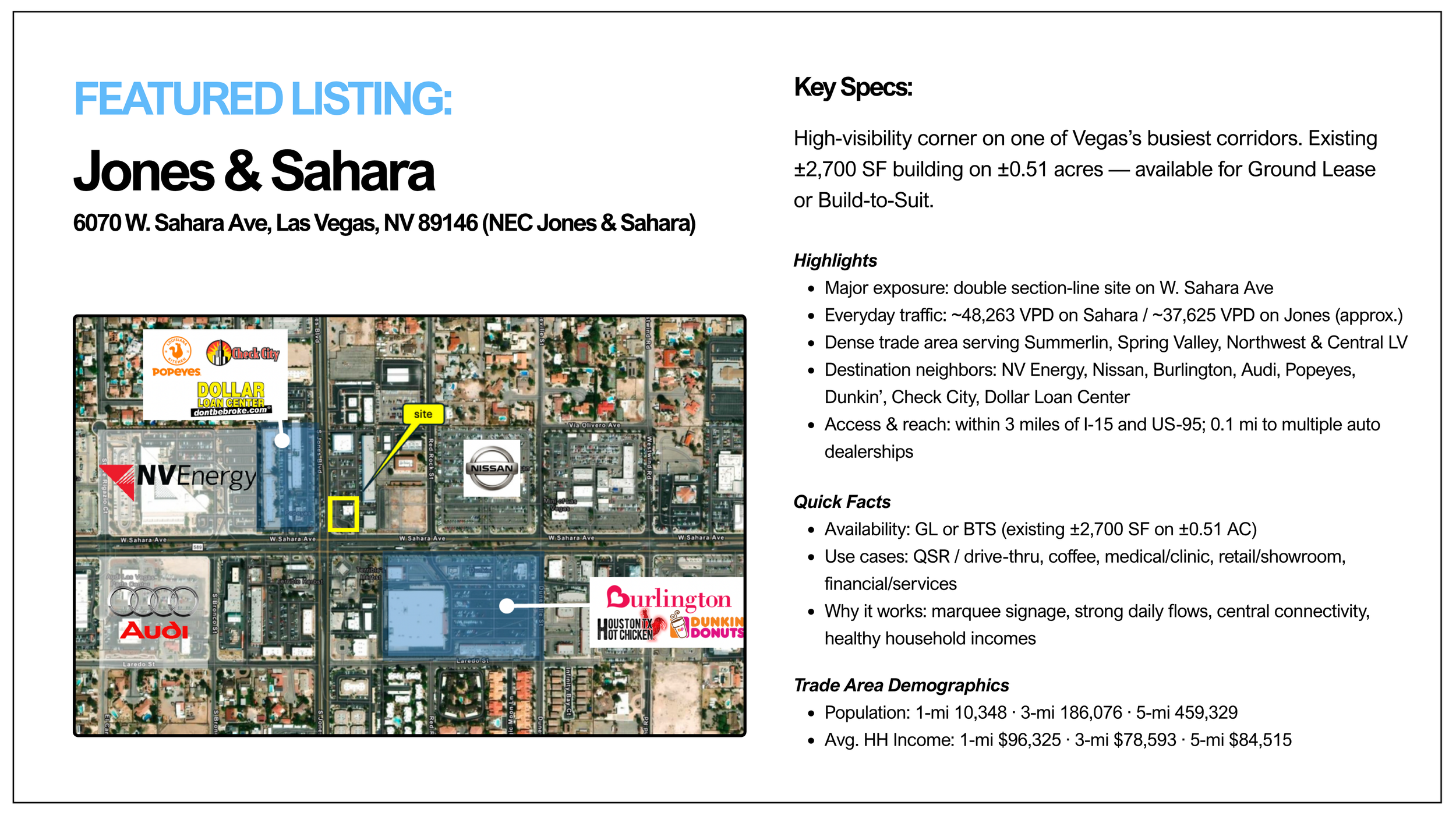 Map of a commercial area in Las Vegas showing landmarks like Nevada Energy, Nissan, Audi, and fast-food spots, with a yellow highlighted site and labels for major roads.