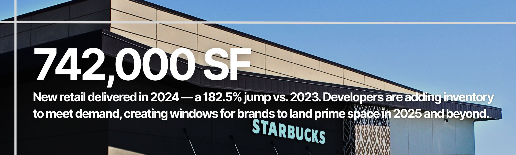 Photograph of a modern building with a Starbucks sign, under a clear blue sky, displaying a large retail sales forecast for 2024, 742,000SF.