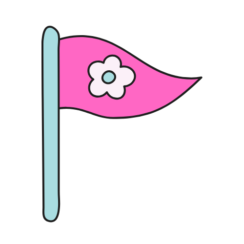 Pink flag with a white flower emblem, attached to a blue pole.