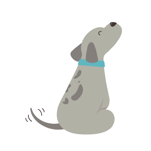 Cartoon illustration of a gray dog with a blue collar sitting with eyes closed and head tilted upward.