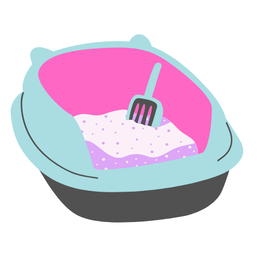 A cartoon image of a kitty litter box filled with purple litter and a gray scoop resting inside.