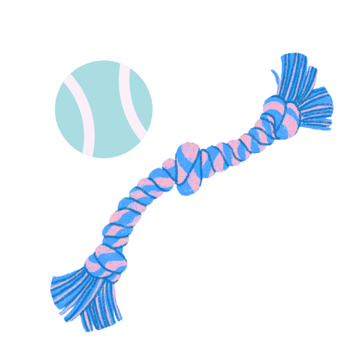 A tennis ball and a marbled chew toy tied with a knot, both set against a black background.