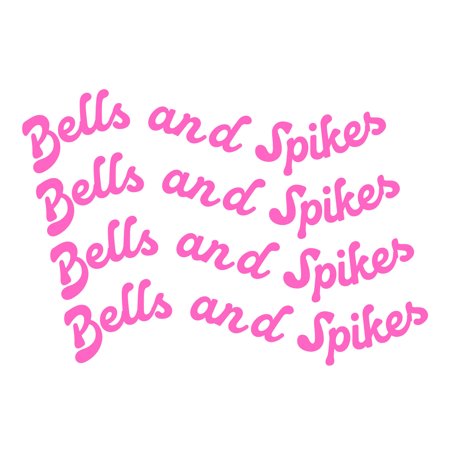 Pink cursive text repeating the phrase "Bells and Spikes" on a black background.
