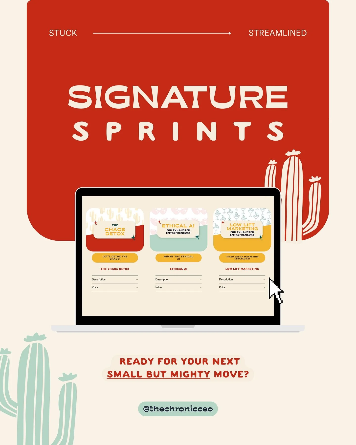 Get unstuck in 2&ndash;4 weeks ⤵

Signature Sprints were built for the entrepreneurs who still care deeply..just not enough spoons for a 6-month container.

Each sprint is short, strategic, and spoon-friendly aka quick wins that actually stick.

The 