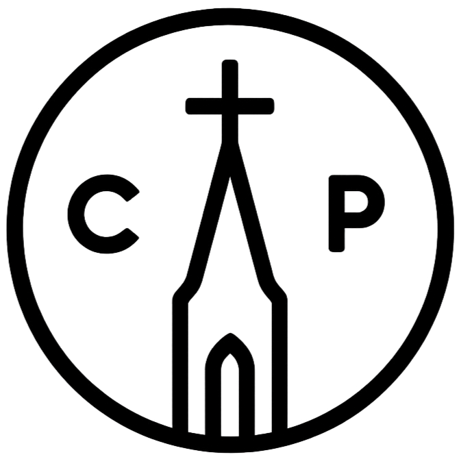 Outline of a Christian cross with a church steeple inside a circle, flanked by the letters 'C' and 'P'.