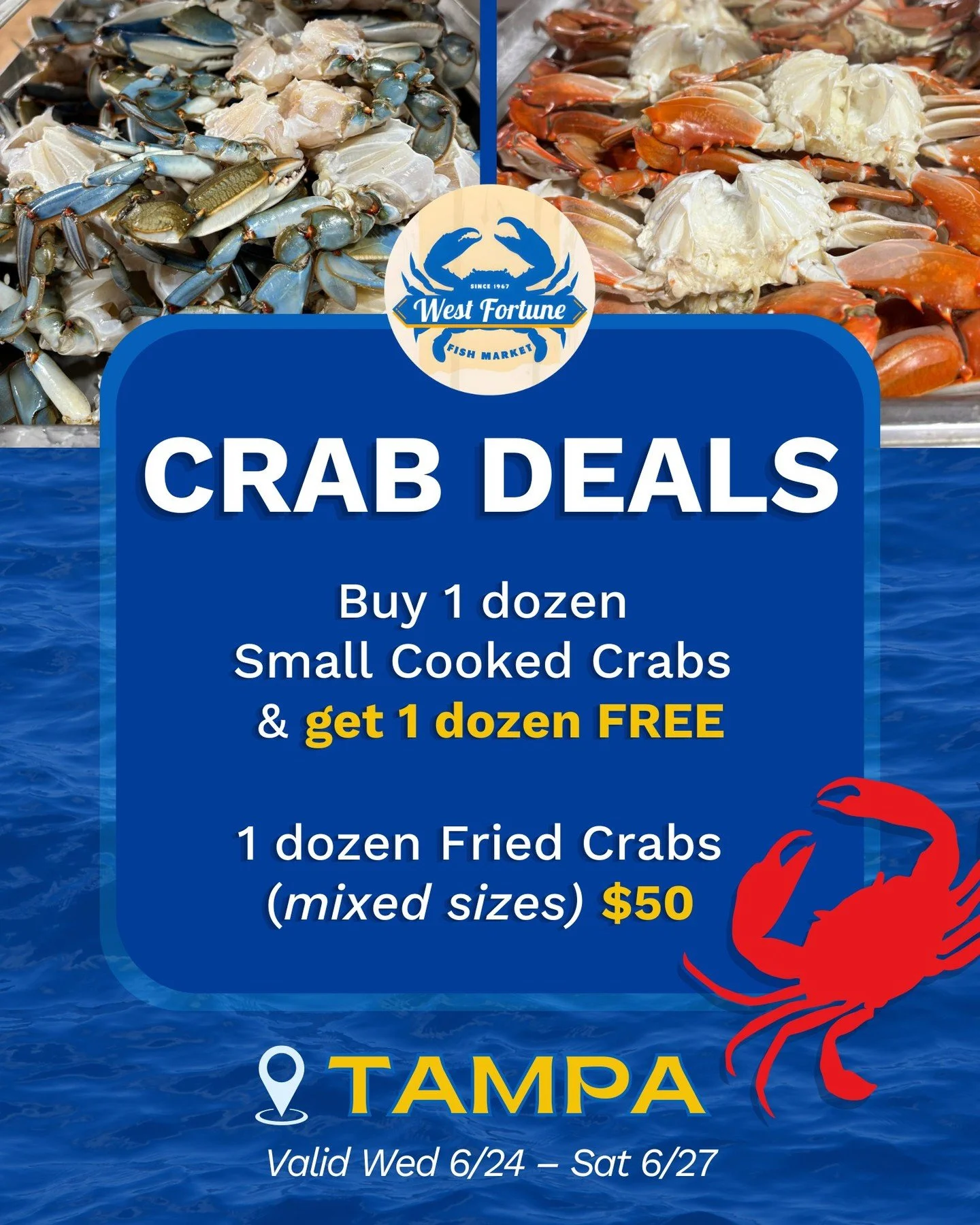 🦀 Tampa, if you're cooking crab this week, don't miss these deals!

Buy 1 dozen small cooked crabs and get 1 dozen FREE 🔥 Or grab 1 dozen mixed fried crabs for $50 and let us do the cooking for you!
.
.
.
Offer valid today through Saturday 6/27 
📍