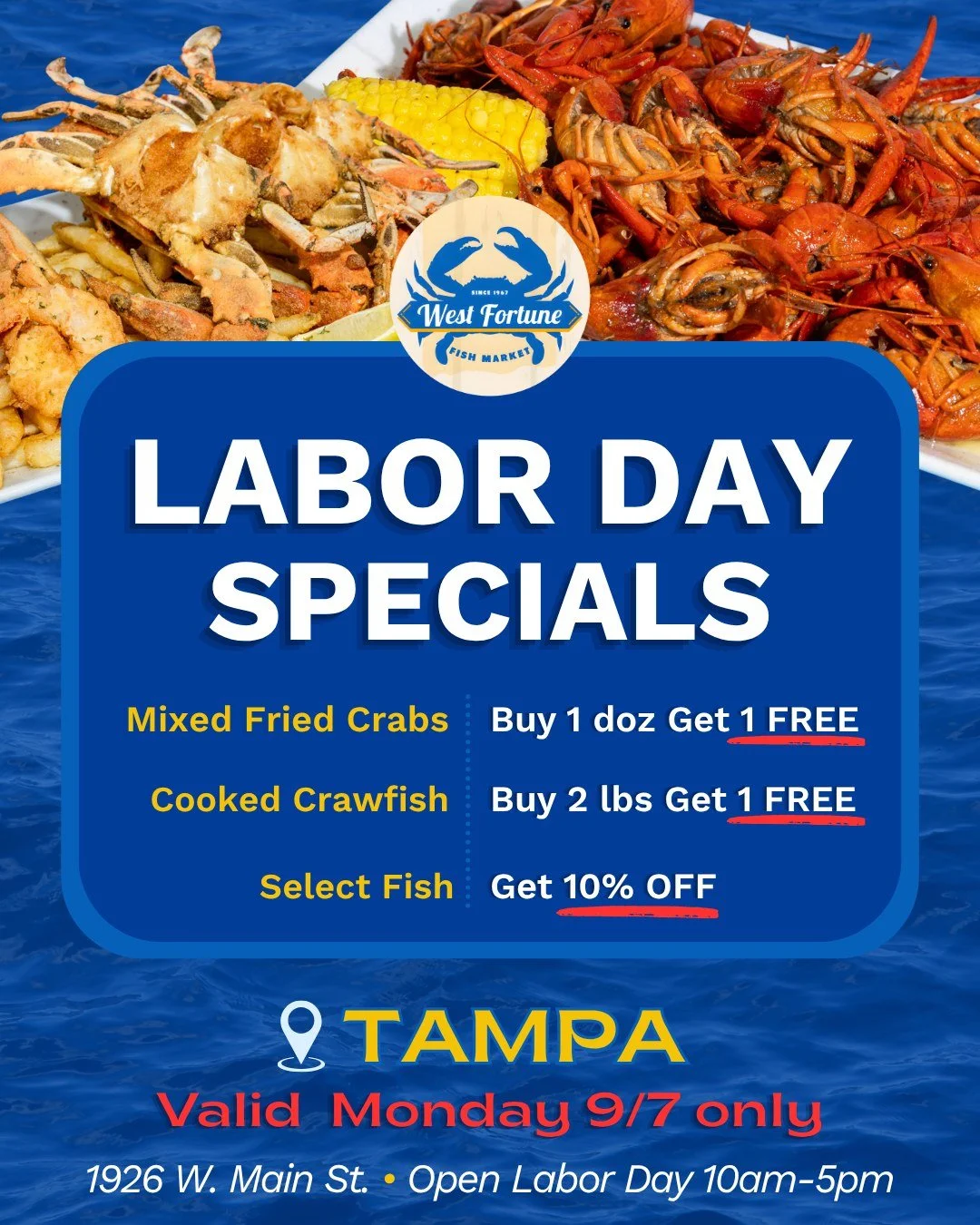🚨 TAMPA, OUR LABOR DAY DEALS ARE HERE!

We&rsquo;ll be open Labor Day from 10AM&ndash;5PM, so come by early and pick up these seafood specials!

🦀 Buy 1 dozen mixed fried crabs, get 1 dozen FREE
🦞 Buy 2 lbs cooked crawfish, get 1 lb FREE
🐟 Get 10