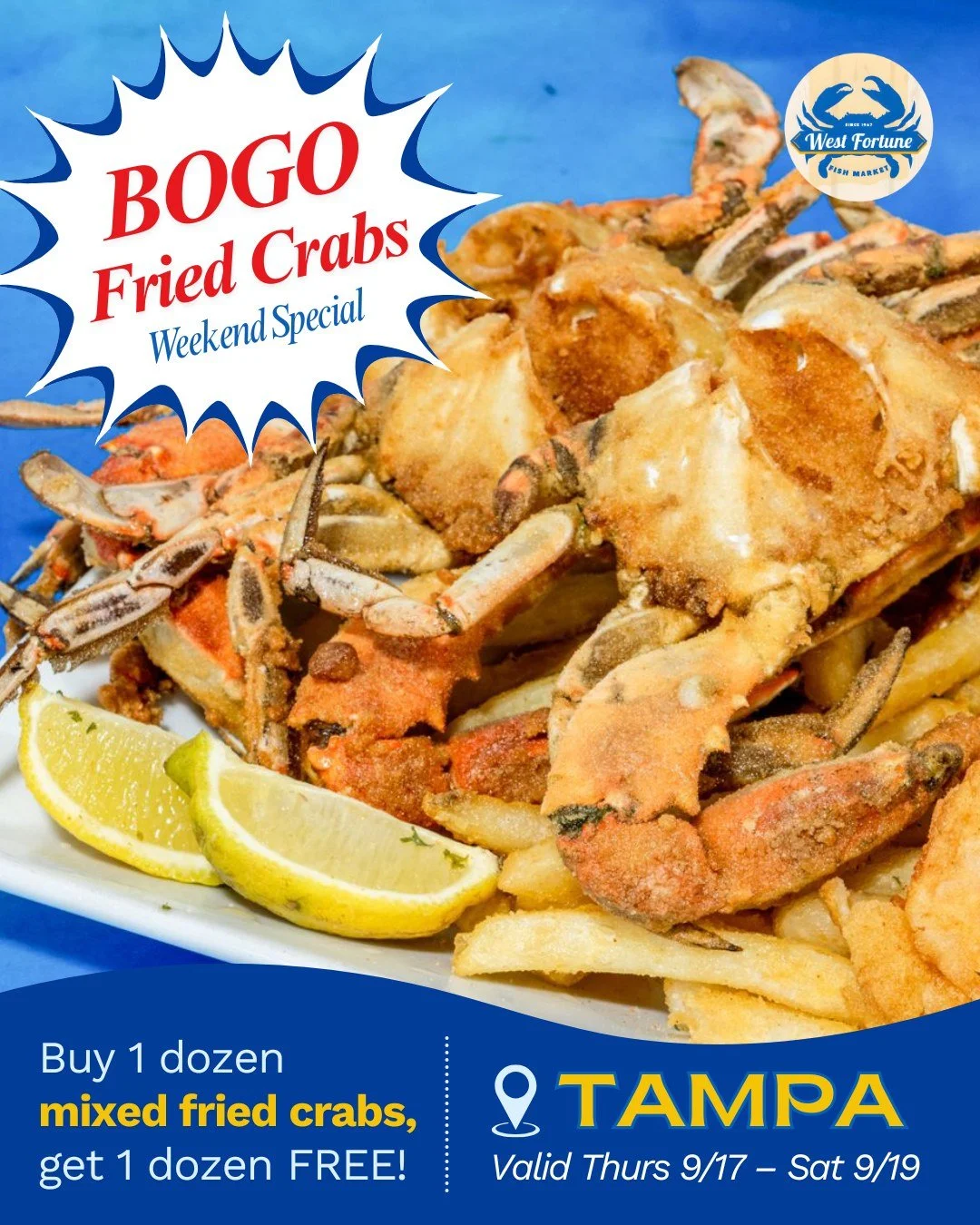 🦀🔥TAMPA, we're serving up a fried crab deal for the weekend!

When you buy 1 dozen mixed fried crabs you'll get 1 dozen FREE!
Come through by Saturday to claim!

#tampafriedcrabs #westfortunefishmarket #tampabluecrabs #bestseafoodtampa
