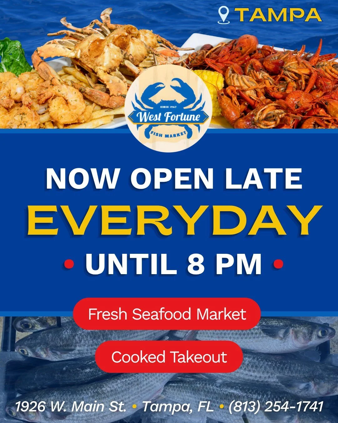 You asked, we listened, Tampa 🙌
We&rsquo;re officially OPEN LATE EVERY DAY OF THE WEEK!

And yes, that means EVERYTHING is open late. Our fresh seafood market AND cooked seafood takeout will both be open until 8PM.

New Hours:
Monday&ndash;Saturday: