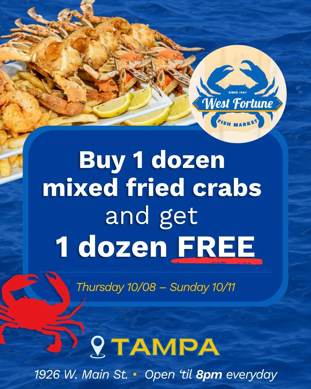 Late-night seafood cravings or stocking up for Sunday football? Buy 1 dozen mixed fried crabs &amp; get 1 dozen FREE!

Thursday&ndash;Sunday only! Swing by while supplies last. We're open 'til 8PM every day!

1926 W Main St.
#tampaseafood #tampabluec