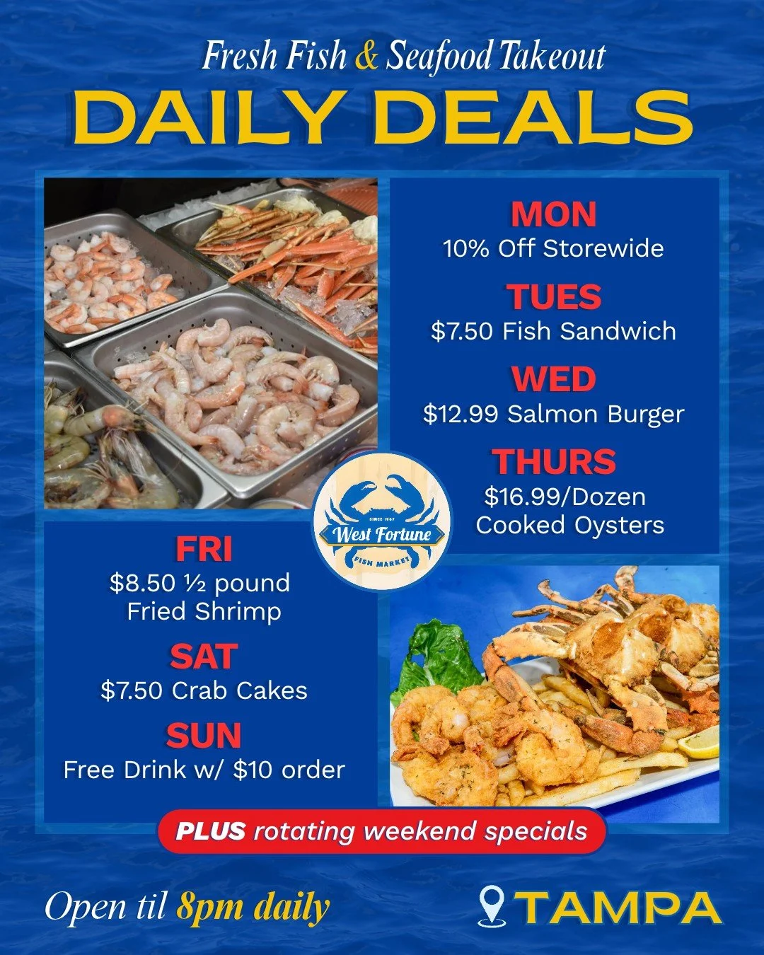 🦀 🐟🍤Tampa, we&rsquo;ve got a seafood deal for every day of the week!

Save or screenshot this post so you know when to stop by for your favorites! And remember, we're open 'til 8 PM EVERY DAY so you can claim these fresh seafood AND cooked takeout