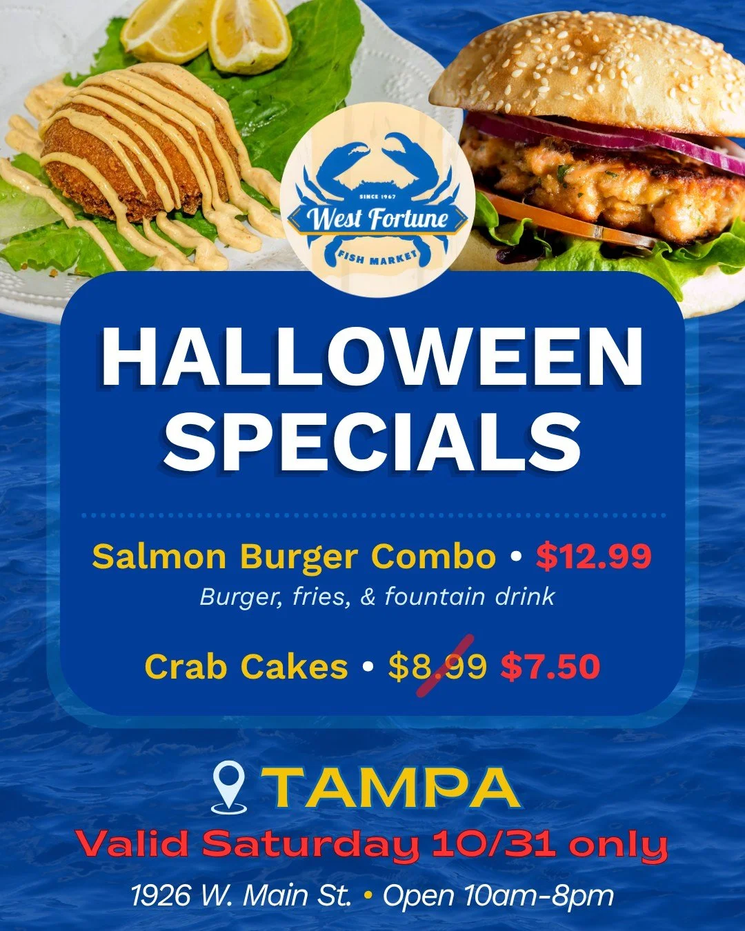Tampa, we've got some Halloween treats for you! 🦀

Skip the candy and come hungry! We're serving up some spooky good seafood deals this Saturday, October 31st ONLY!

1926 W. Main St., Tampa
Open 10AM&ndash;8PM

See you Saturday, Tampa!
#westfortunef