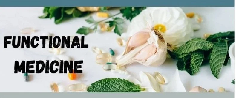 Assorted pills, herbs, and leaves on a white surface with the text 'Functional Medicine' in black.