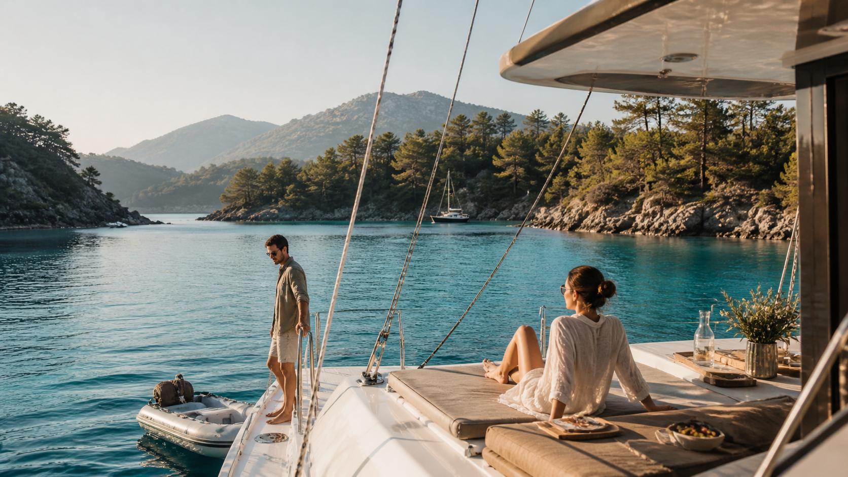 Relaxed couple aboard a modern catamaran in a quiet Turquoise Coast bay near Göcek, with pine-clad hills and calm clear water.