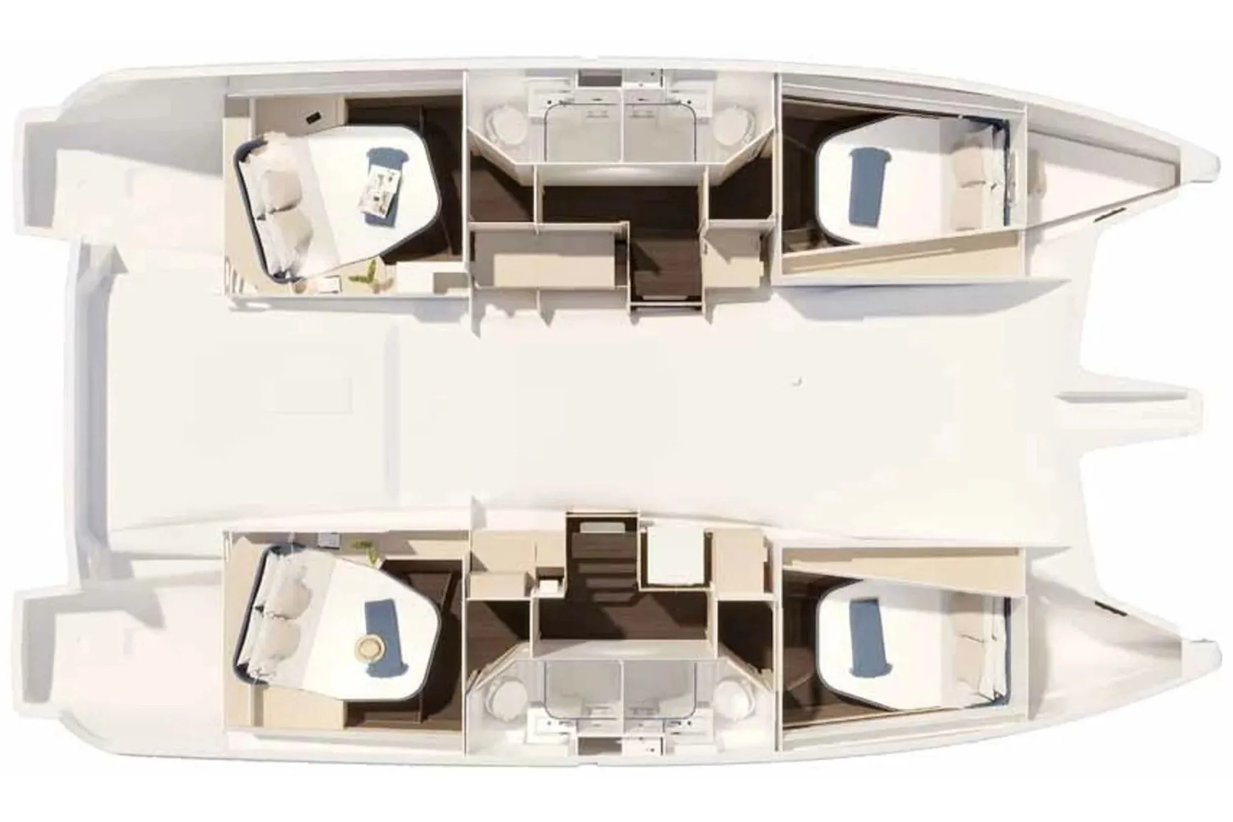 Top-down view of a yacht's interior layout showing cabins, bathrooms, and common areas.