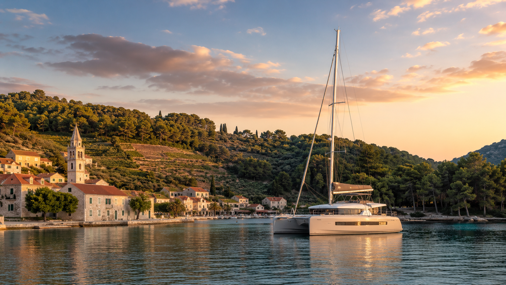 Peaceful Dalmatian Coast anchorage at sunset with a modern catamaran resting near a quiet Croatian island shoreline.