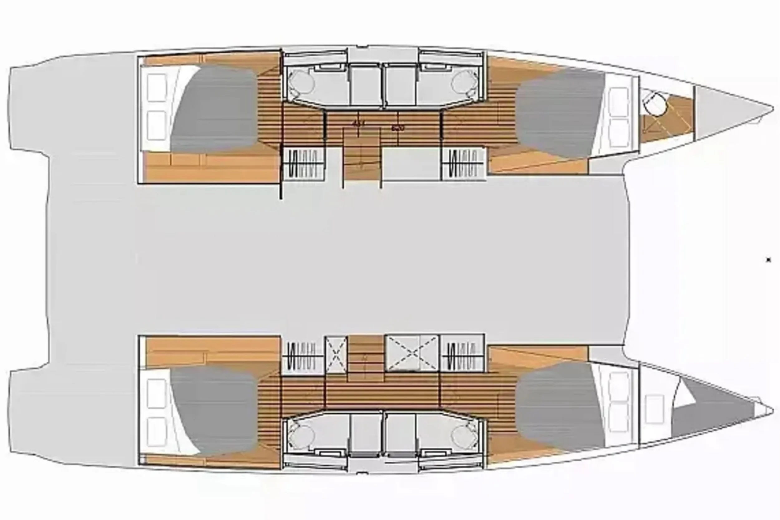 Floor plan of a catamaran with four bedrooms, two on each side, each with a bed and small rooms, and a central open area.