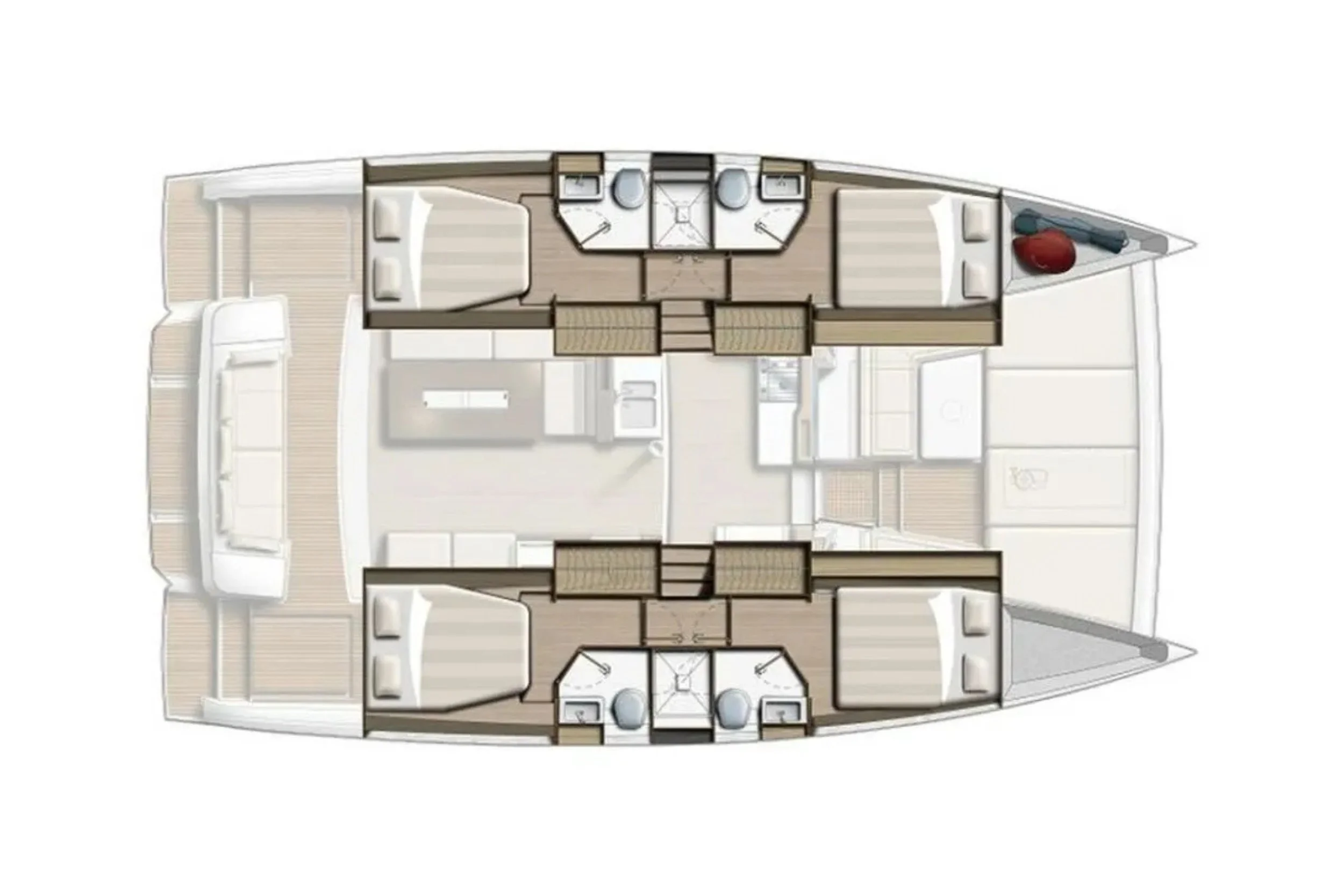 A top-down view of a yacht's interior layout with four bedrooms, four bathrooms, a central living area, and outdoor decks at the front and back.