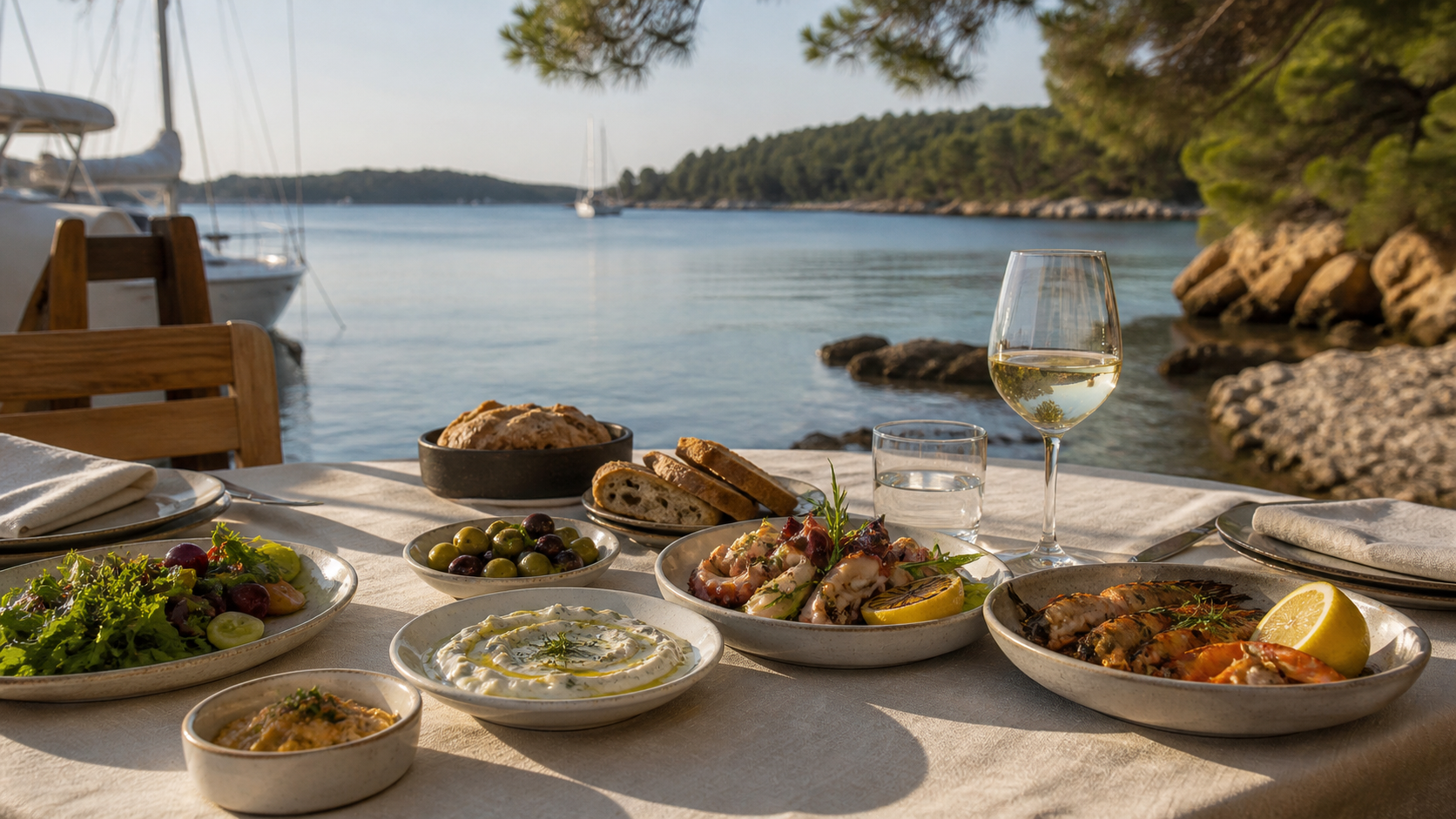 Turkish meze, seafood, olives and wine served beside a calm coastal bay on a luxury sailing holiday.