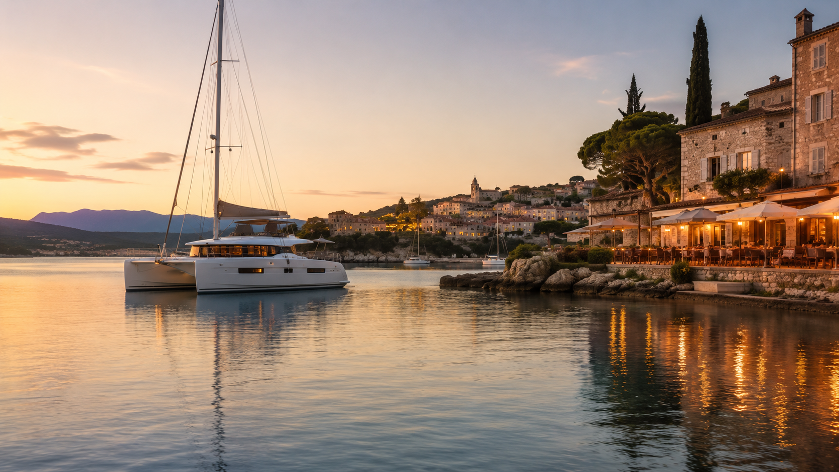 Peaceful evening harbour in southern France with a luxury catamaran, waterfront dining and warm Mediterranean light