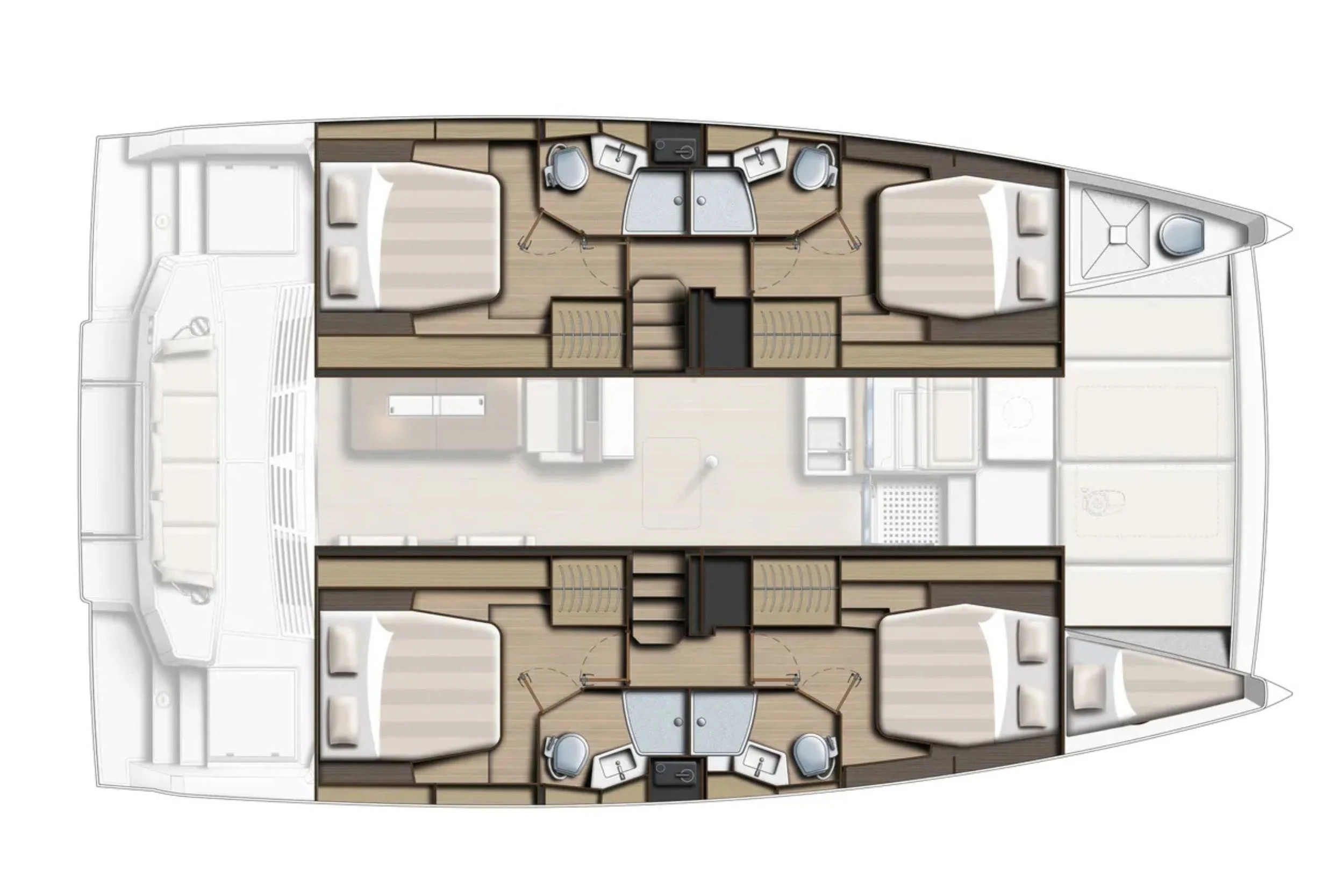 Floor plan of a yacht showing four bedrooms, two on each side, two bathrooms, a central living area, and a galley kitchen at the back.