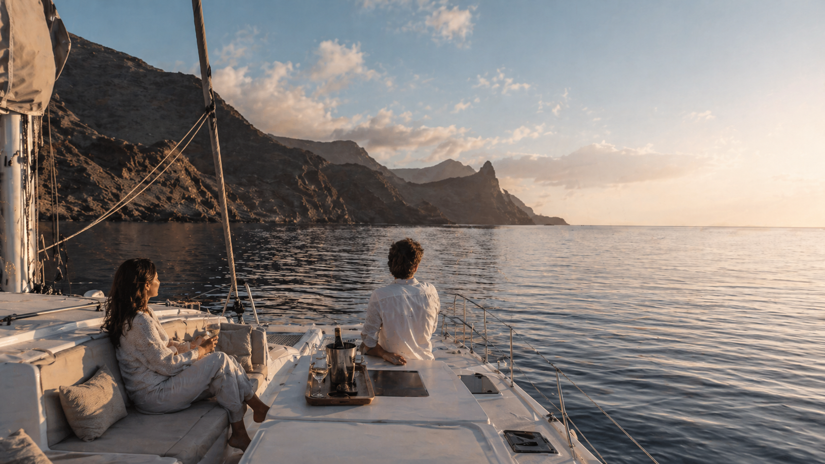 Guests relaxing aboard a modern catamaran near a volcanic Canary Islands coastline in warm Atlantic light.