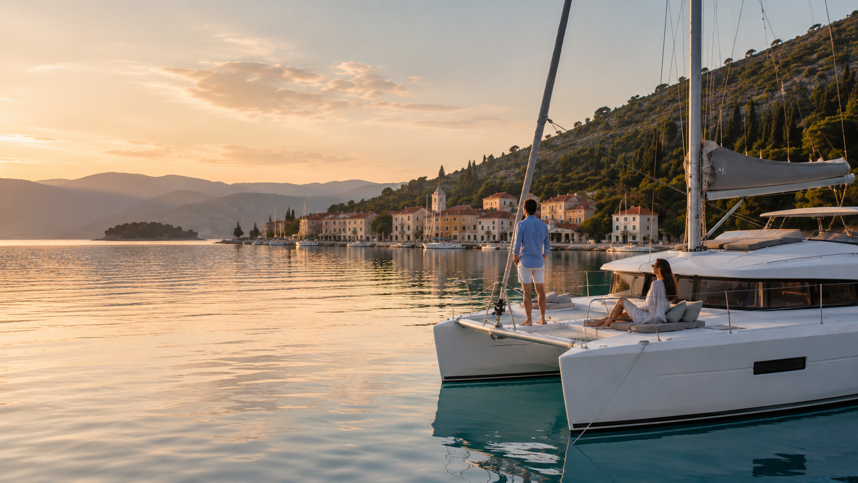 Modern catamaran resting in a peaceful Ionian bay at sunset, capturing the calm elegance of a sailing journey through Kefalonia and the Ionian Islands.