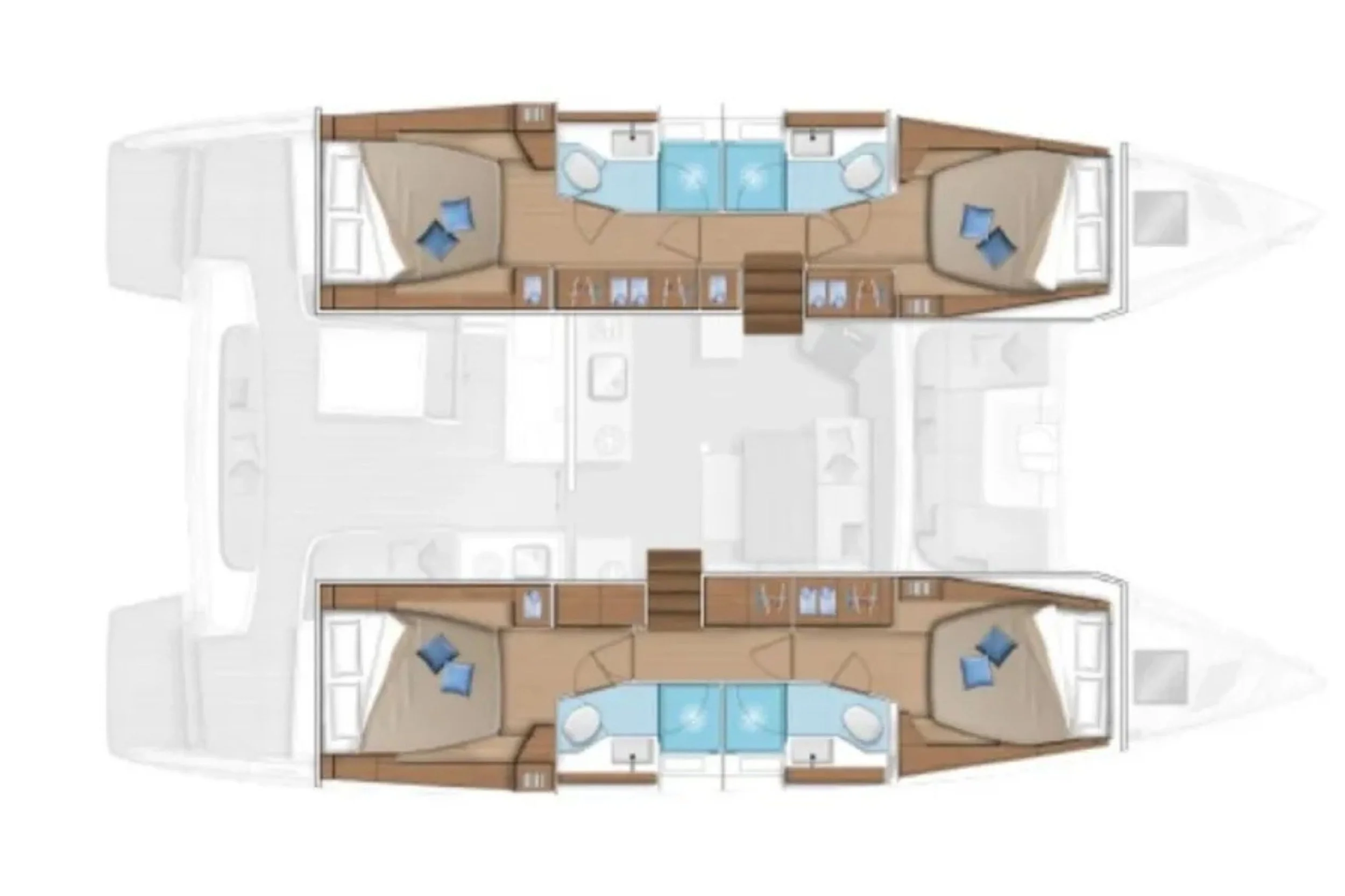 Top-down view of a yacht's interior layout with four cabins, each containing beds and seating areas, and central bathrooms with sinks and toilets.