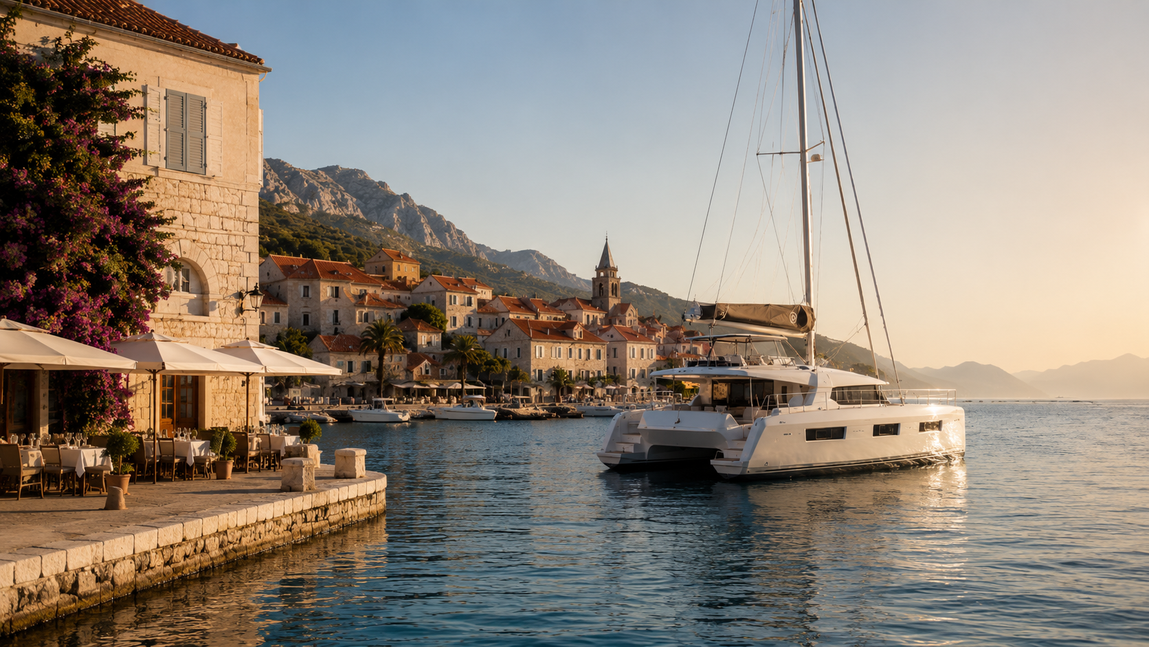 Elegant Mediterranean harbour with a catamaran, waterfront buildings and calm blue water