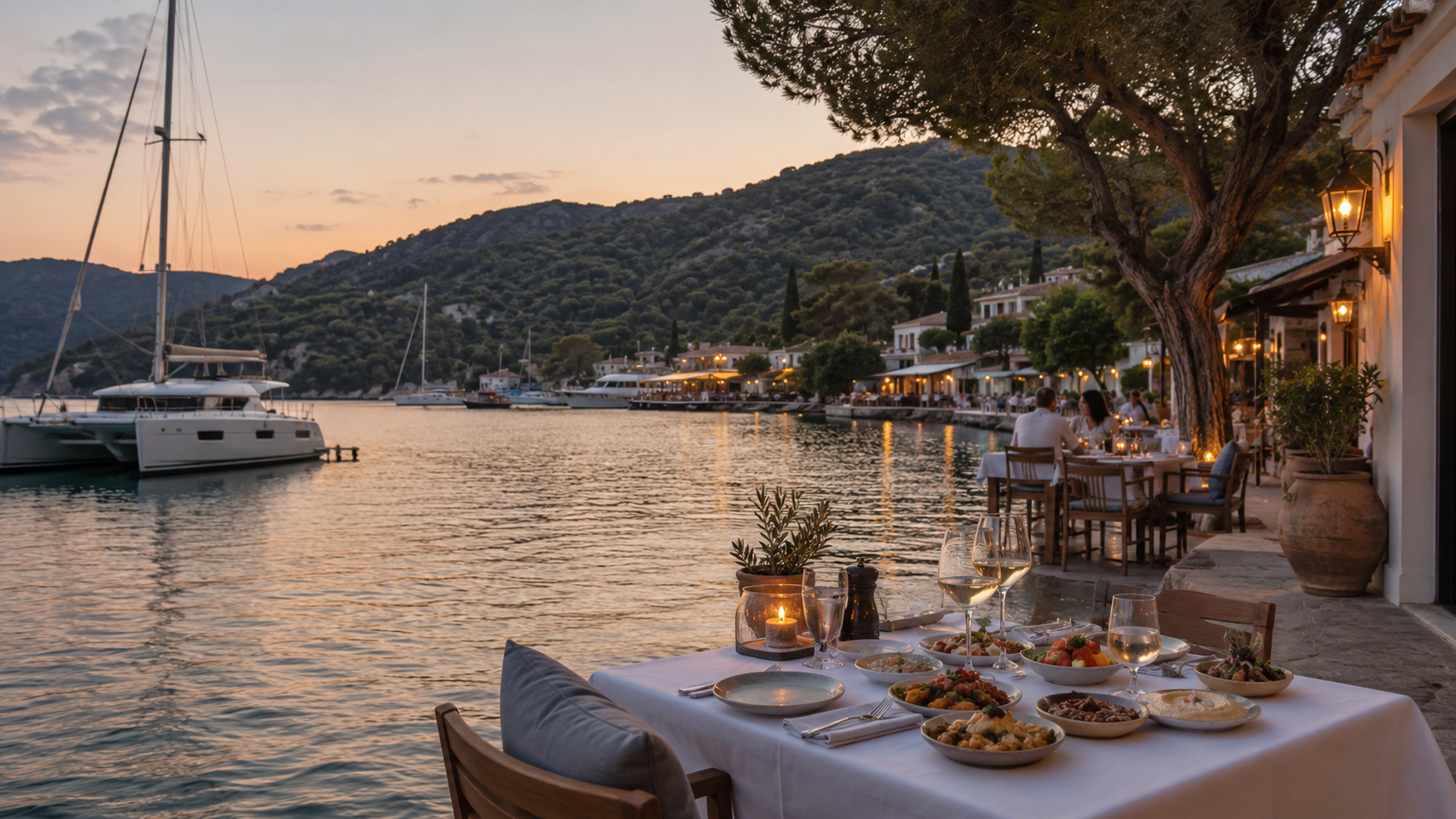 Elegant waterfront restaurant terrace on Turkey’s Turquoise Coast with calm harbour water and a catamaran nearby