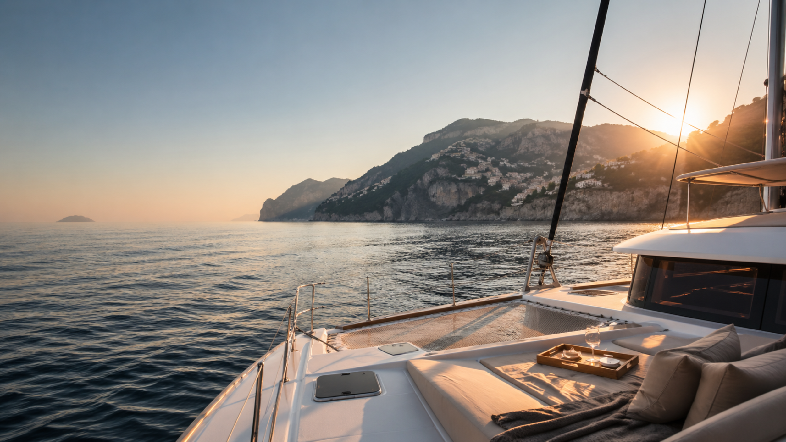 Luxury yacht deck at golden hour overlooking calm sea and the Amalfi Coast with warm evening light