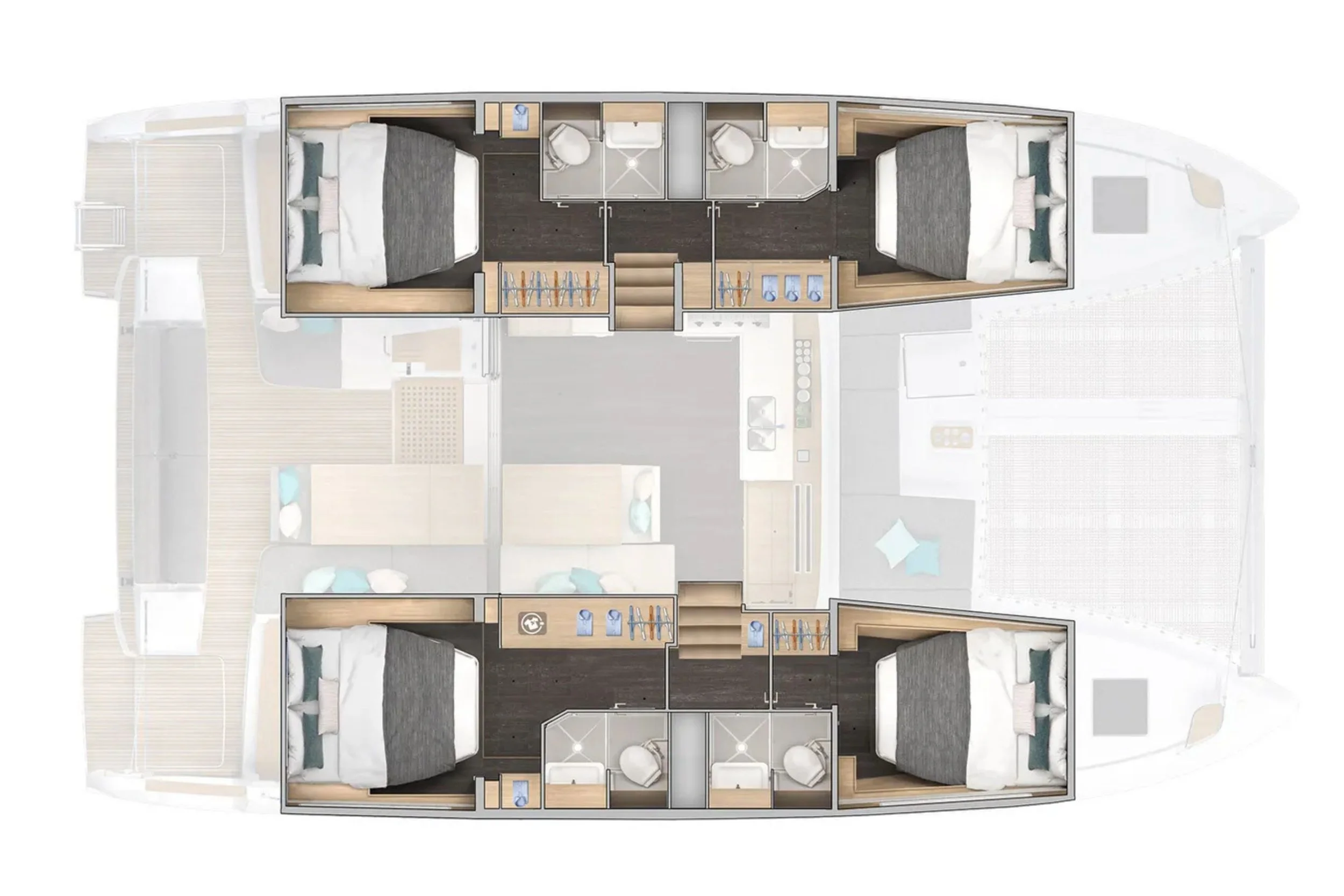 Top-down view of a boat's upper deck layout with four bedrooms, each with a bed, closet, and bathroom, connected by a central staircase and hallway.