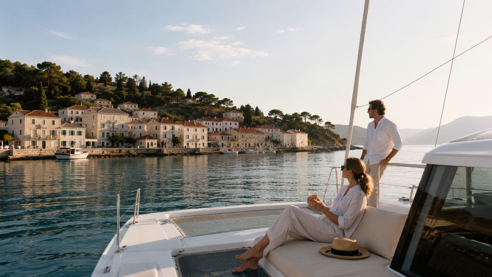 Elegant sailing scene in the Saronic Islands with a modern catamaran, calm water and a refined Greek island harbour atmosphere.
