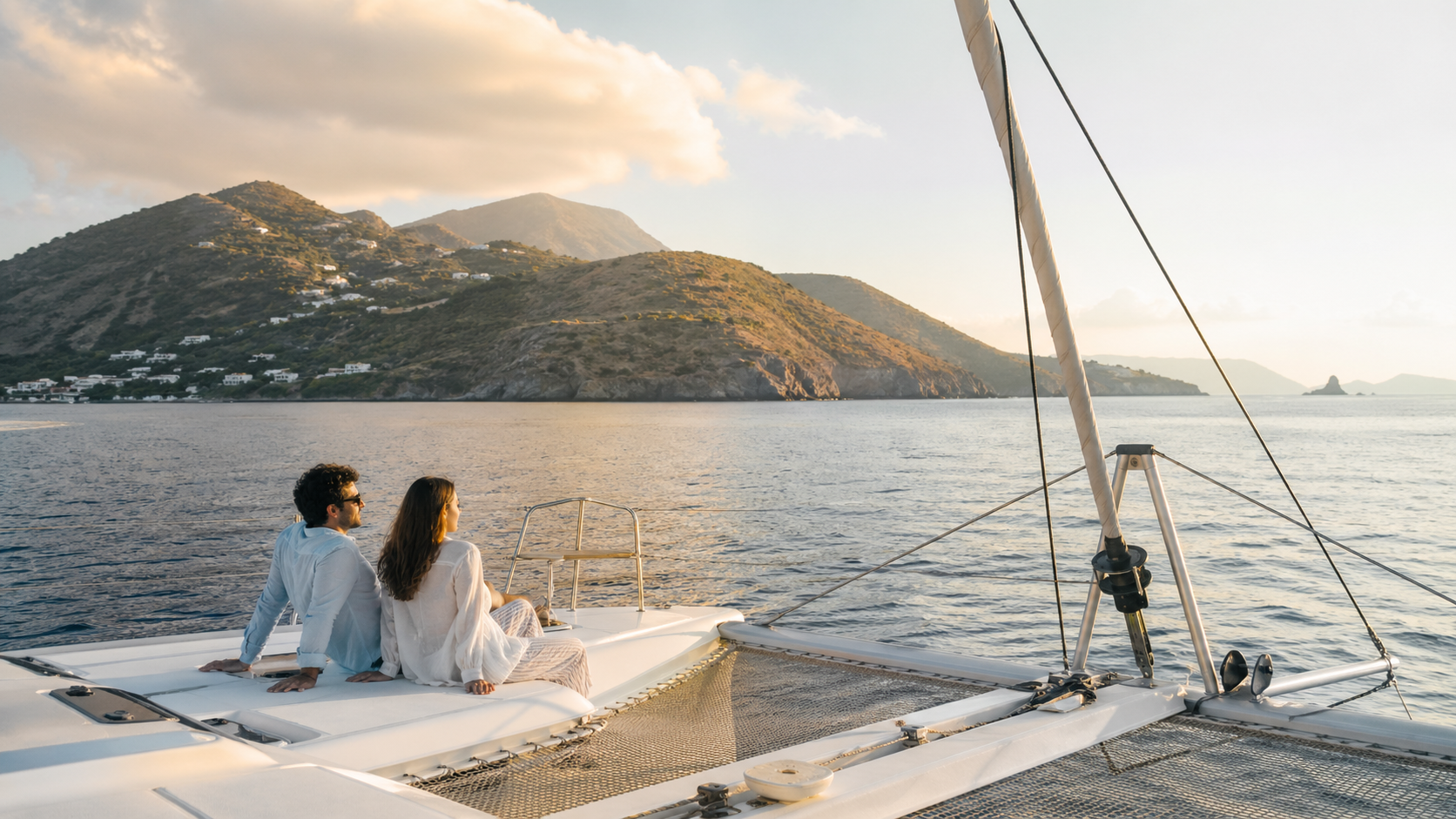 A couple relaxing aboard a modern catamaran while sailing the Aeolian Islands, with Sicily’s volcanic coastline in the background.