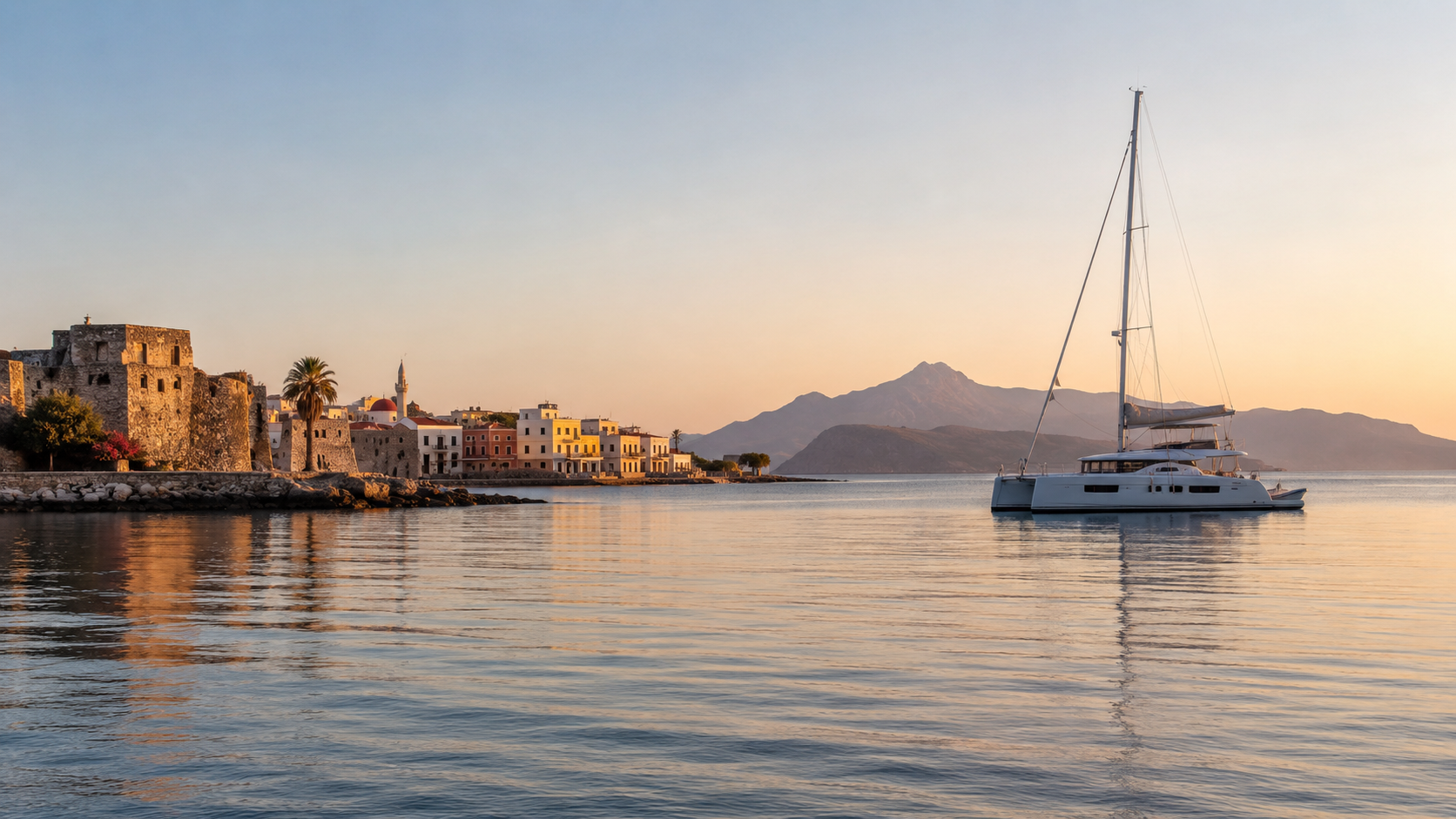 Modern catamaran at rest in a peaceful Dodecanese anchorage at sunset.