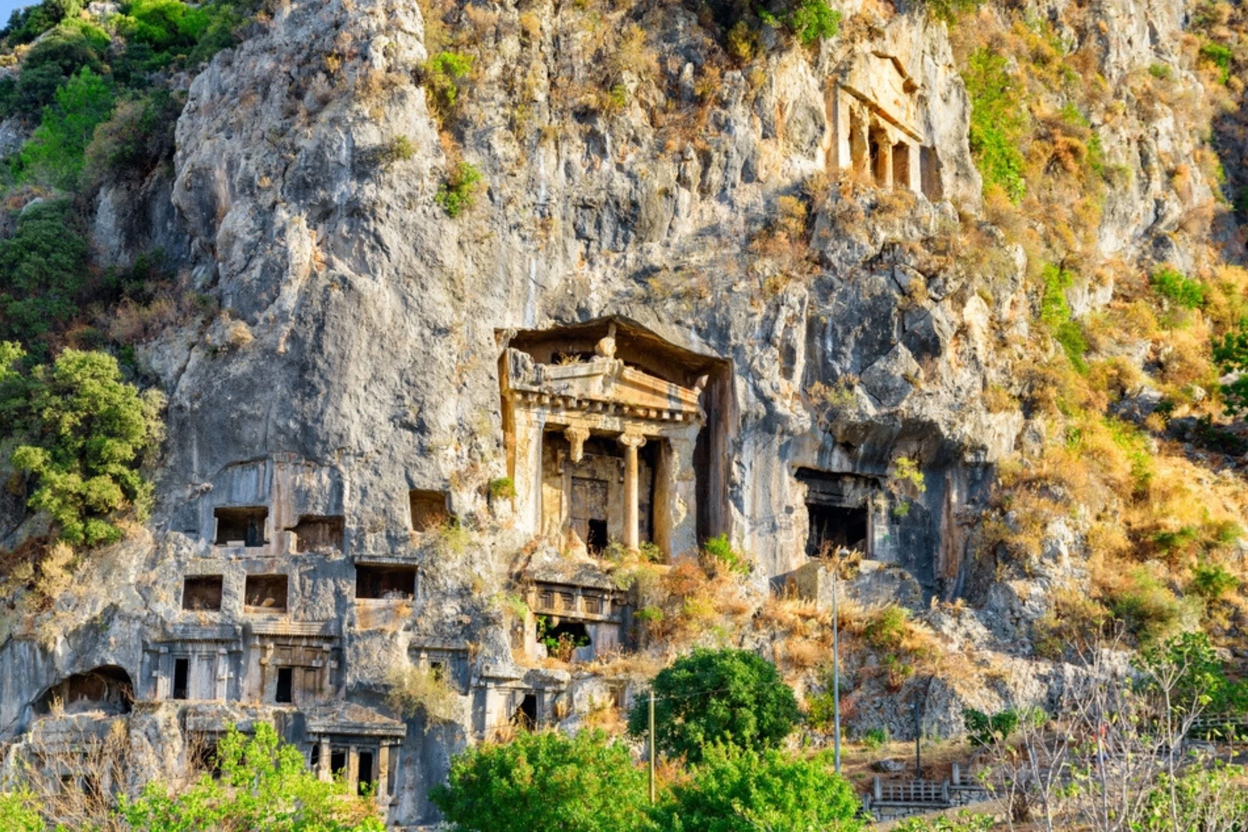 Ancient rock-cut tombs and facades carved into a mountainside with lush green trees at the base.