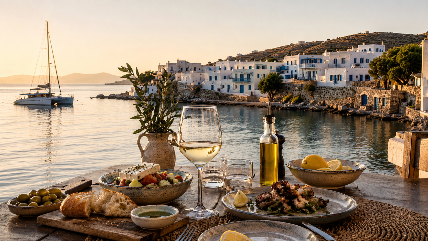 Elegant Greek island dining scene with fresh mezze, local wine and calm harbour water beside a modern catamaran.