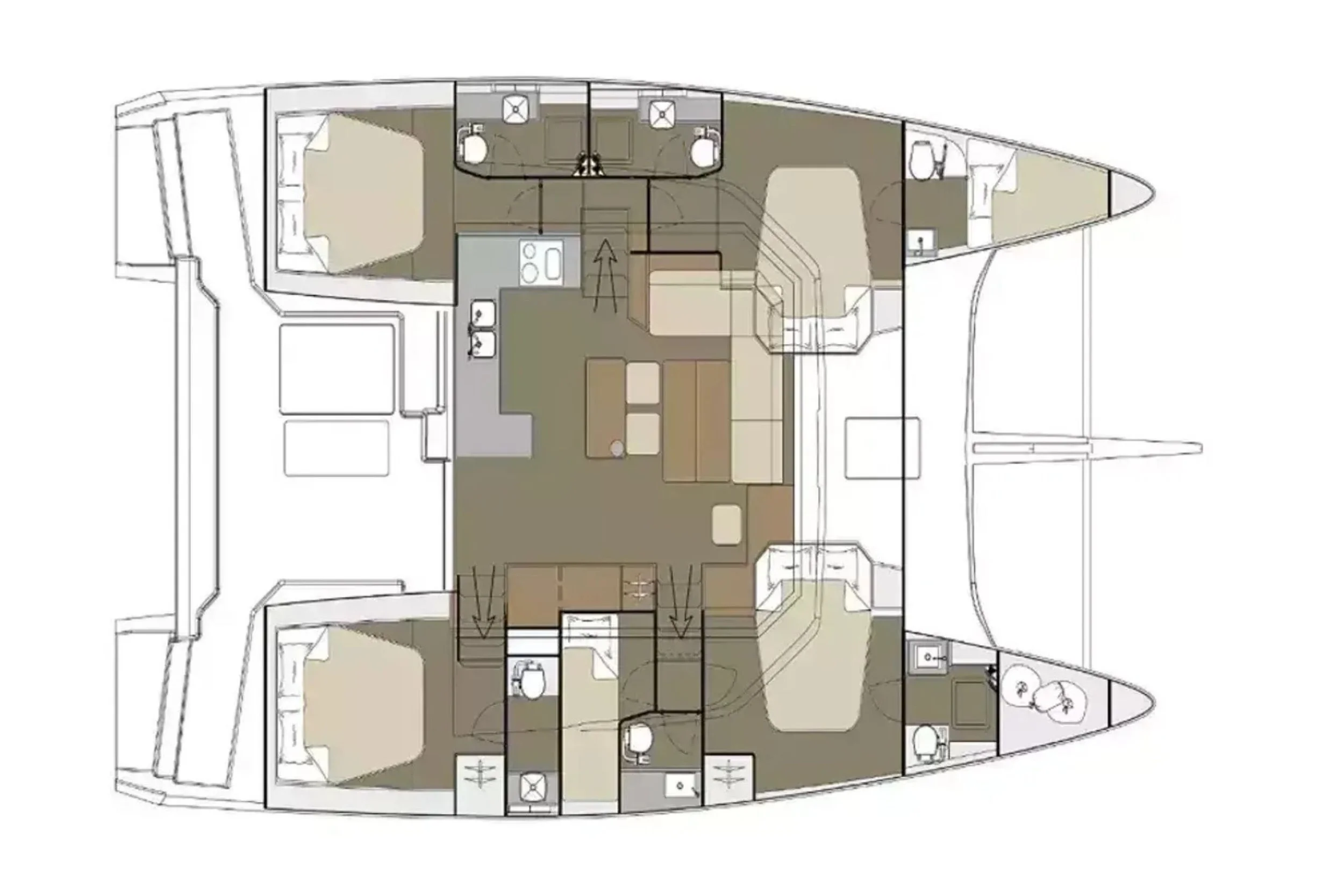 A detailed floor plan of a yacht, showing various bedrooms, bathrooms, a kitchen, and common living areas.