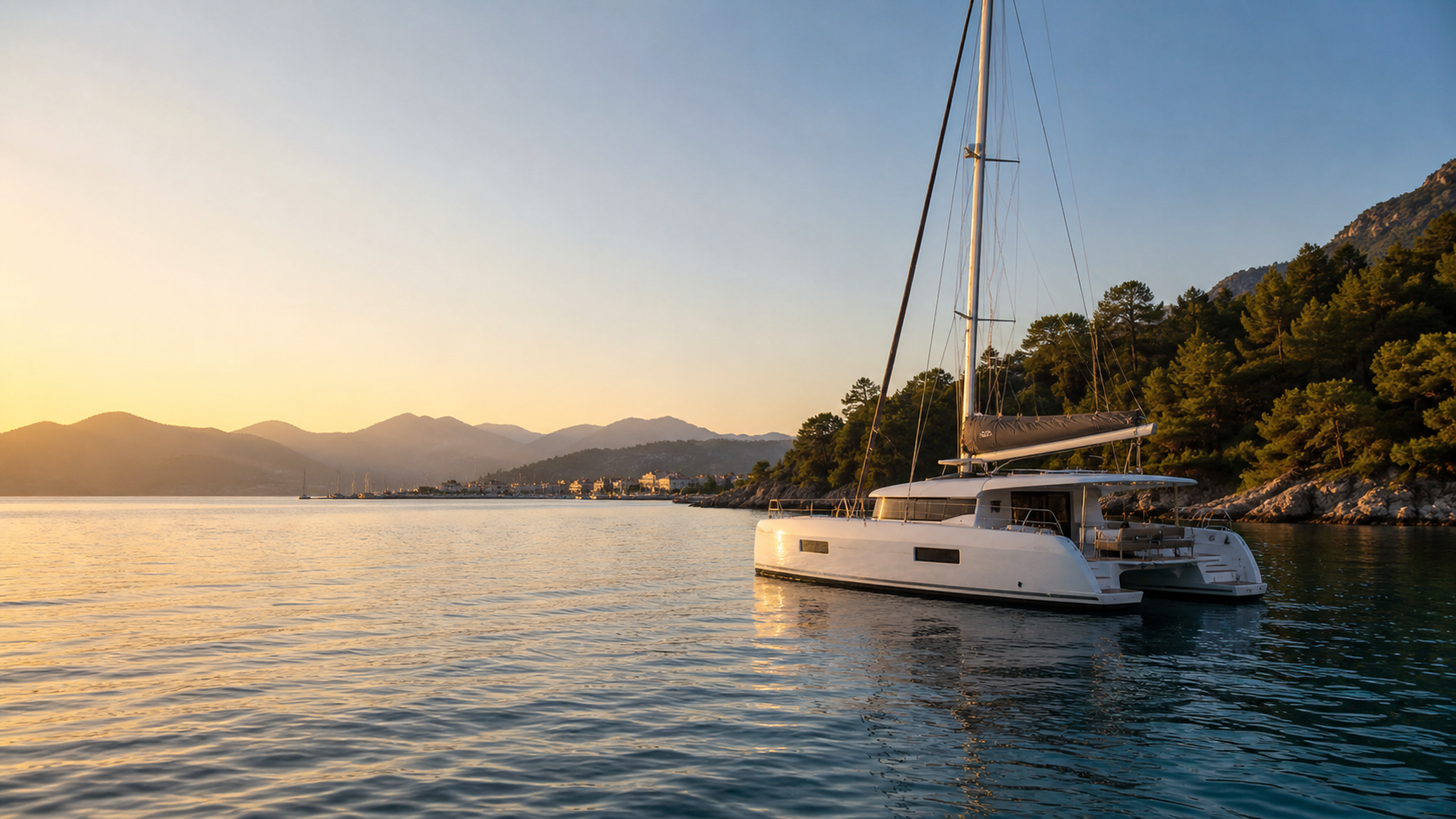 Modern catamaran anchored near Turkey’s Turquoise Coast at golden hour, with calm water, pine-covered slopes and distant mountains.